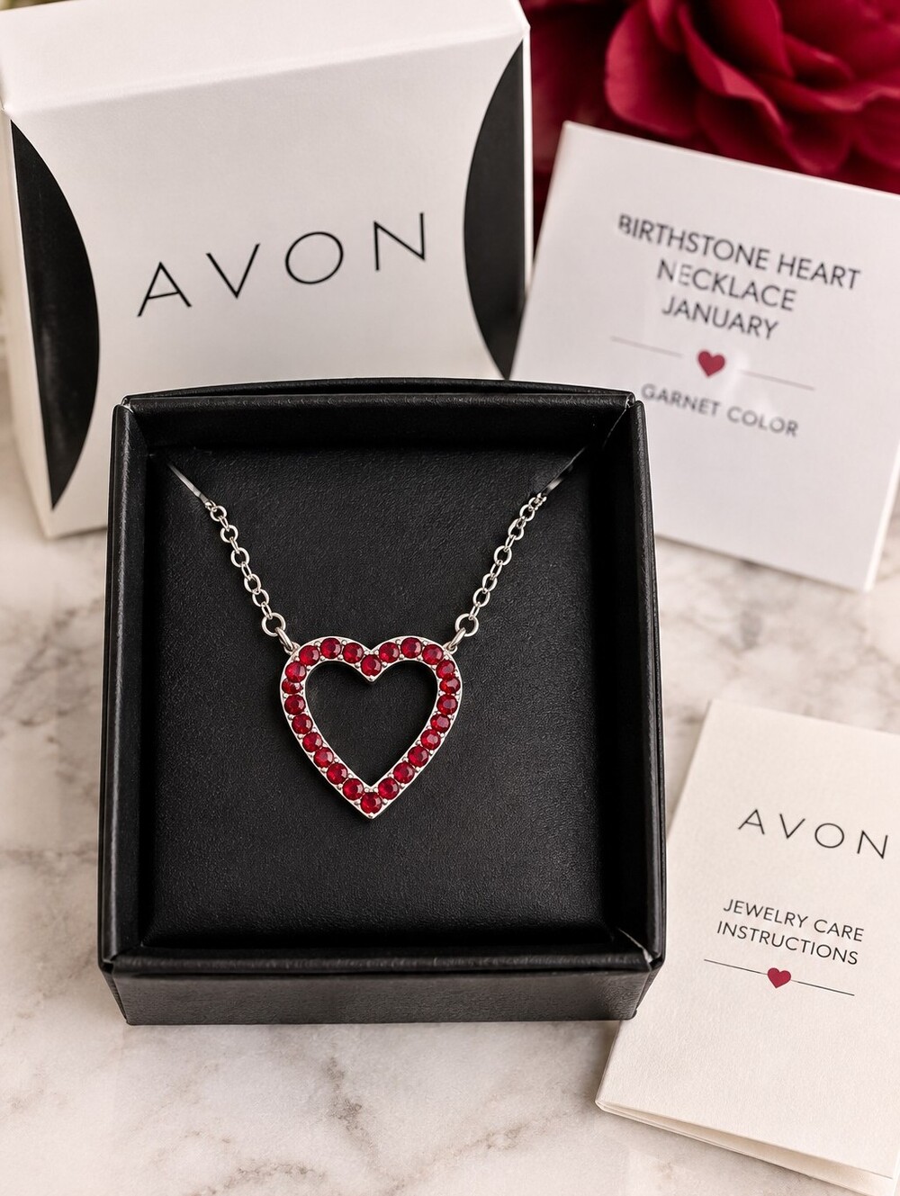 Avon January Garnet Birthstone Heart Necklace New in Box